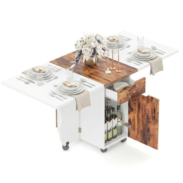 3-in-1 Folding Dining Table with Storage Drawers & Cabinets, Drop Leaf Kitchen Table with Lockable Wheels