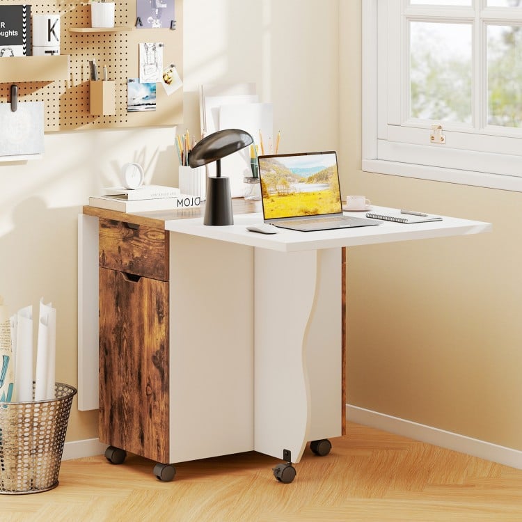 Folding Dining Table 3-in-1 Space-Saving Drop Leaf Kitchen Table with Lockable Wheels-Brown
