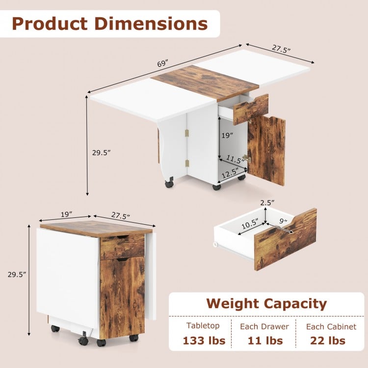 Folding Dining Table 3-in-1 Space-Saving Drop Leaf Kitchen Table with Lockable Wheels-Brown