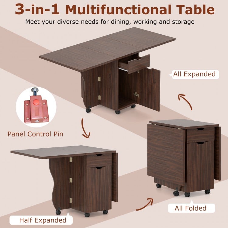 Folding Dining Table 3-in-1 Space-Saving Drop Leaf Kitchen Table with Lockable Wheels-Walnut