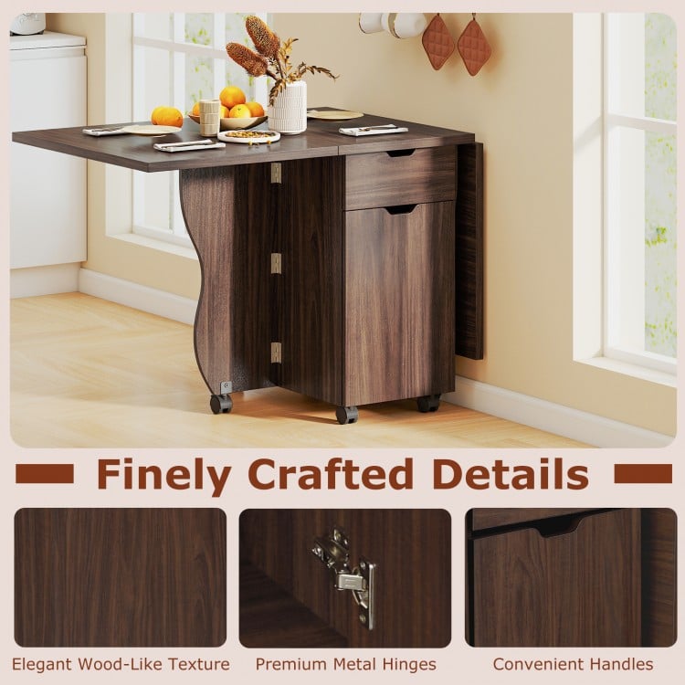 Folding Dining Table 3-in-1 Space-Saving Drop Leaf Kitchen Table with Lockable Wheels-Walnut