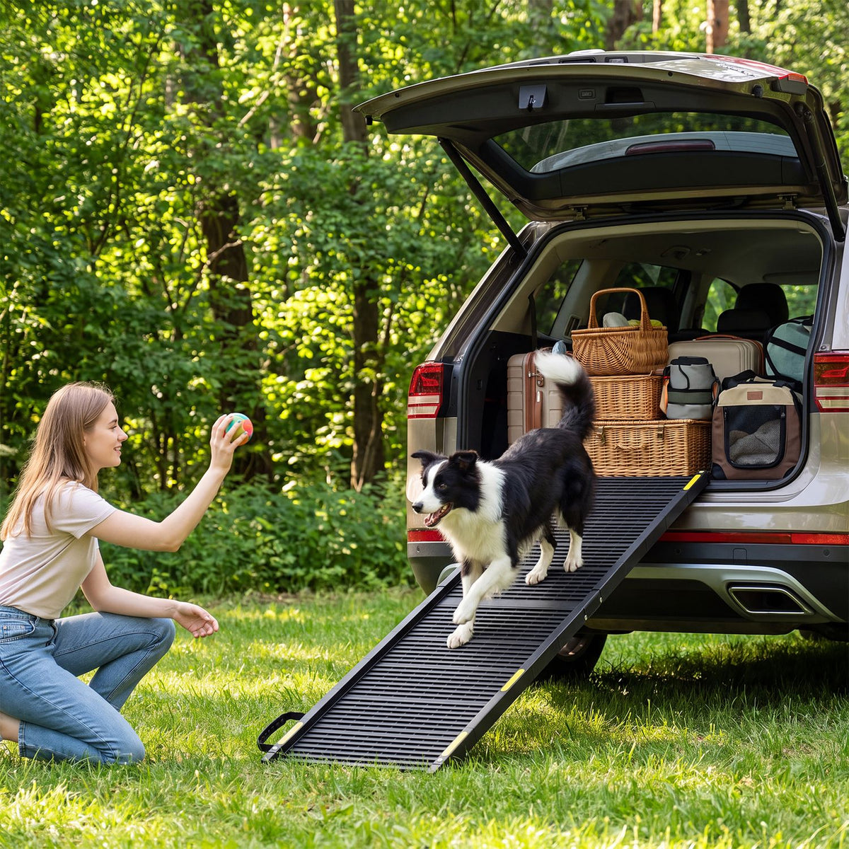 Folding Dog Ramp for Cars, SUVs & Trucks – 64.5" Non-Slip Pet Ramp with Safety Tether, 220 LBS Capacity