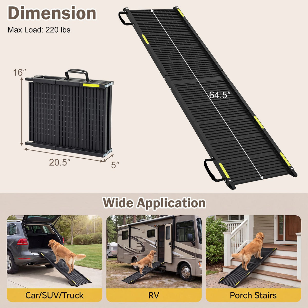 Folding Dog Ramp for Cars, SUVs & Trucks – 64.5" Non-Slip Pet Ramp with Safety Tether, 220 LBS Capacity