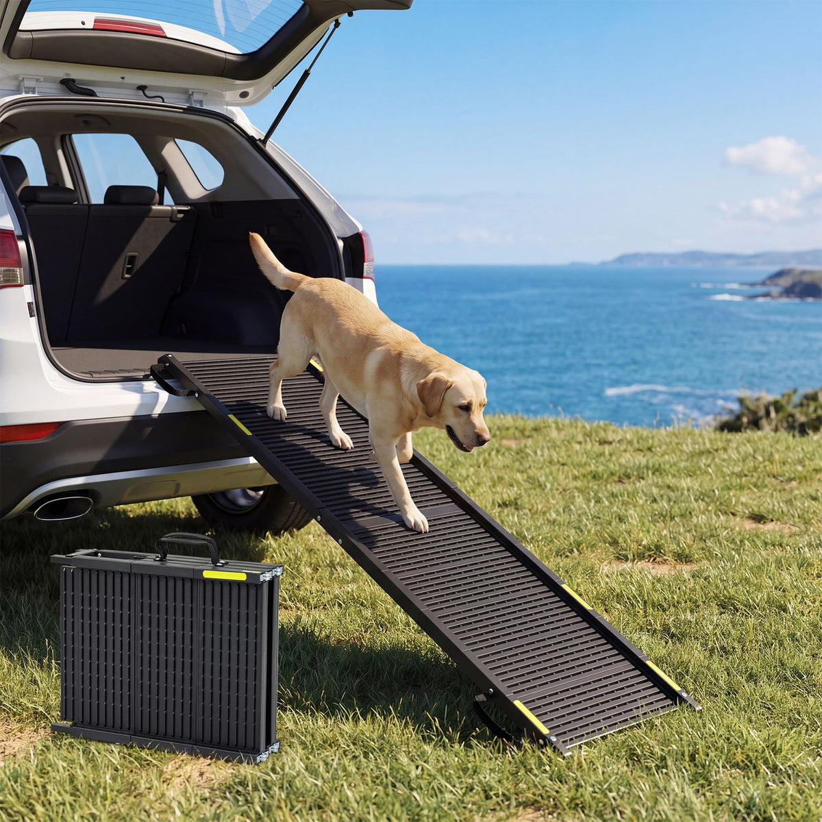 Folding Dog Ramp for Cars, SUVs & Trucks – 64.5" Non-Slip Pet Ramp with Safety Tether, 220 LBS Capacity