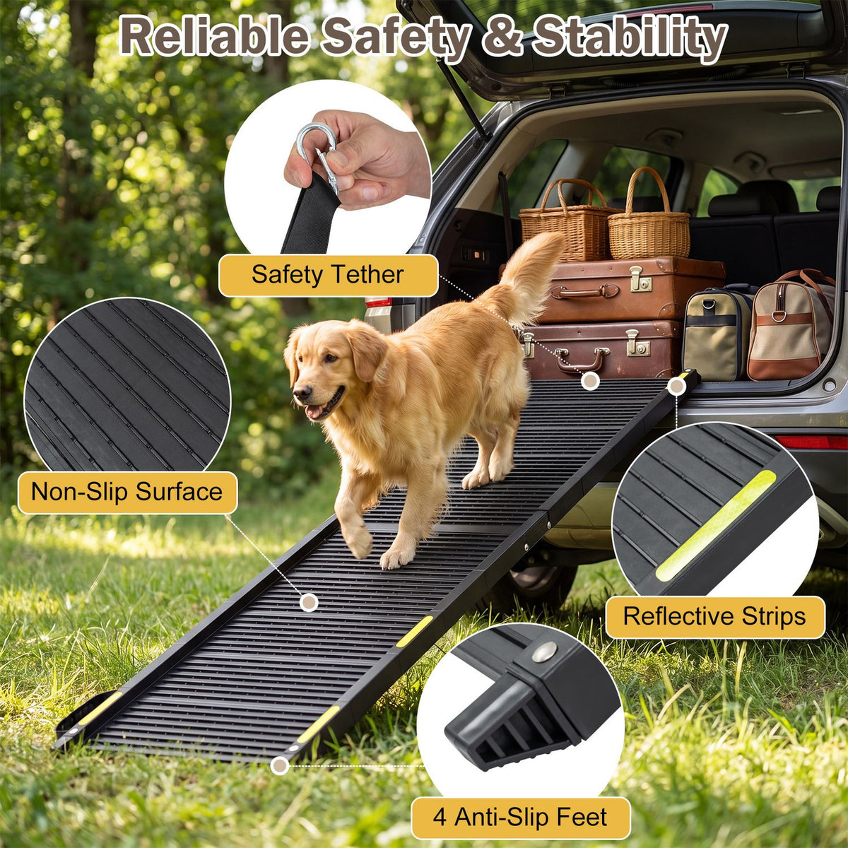 Folding Dog Ramp for Cars, SUVs & Trucks – 64.5" Non-Slip Pet Ramp with Safety Tether, 220 LBS Capacity