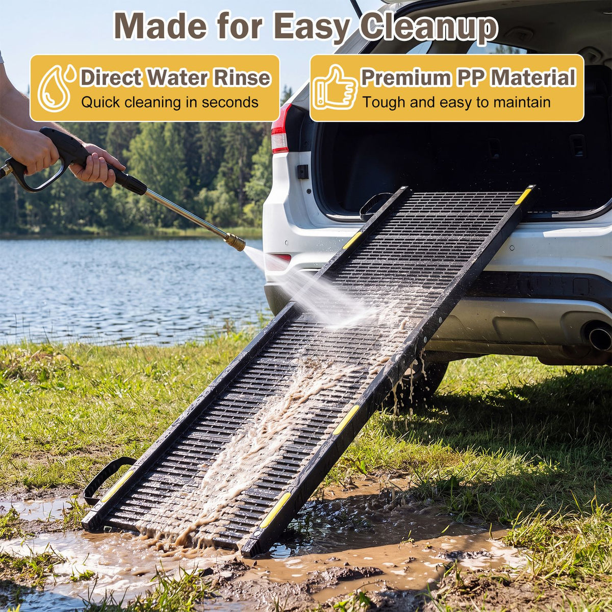 Folding Dog Ramp for Cars, SUVs & Trucks – 64.5" Non-Slip Pet Ramp with Safety Tether, 220 LBS Capacity