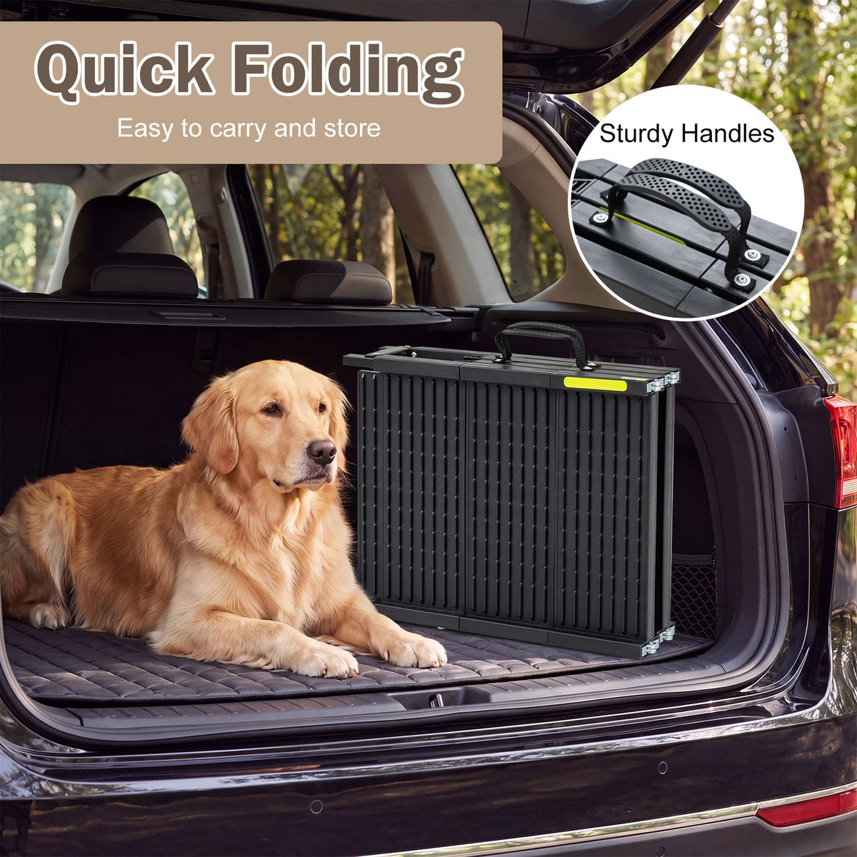 Folding Dog Ramp for Cars, SUVs & Trucks – 64.5" Non-Slip Pet Ramp with Safety Tether, 220 LBS Capacity