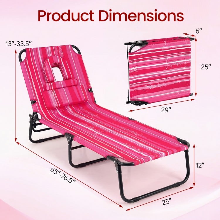 Folding Face Down Tanning Chair with Face Hole 3 Removable Pillows-Pink Stripe
