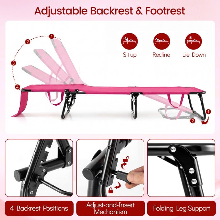 Folding Face Down Tanning Chair with Face Hole 3 Removable Pillows-Pink