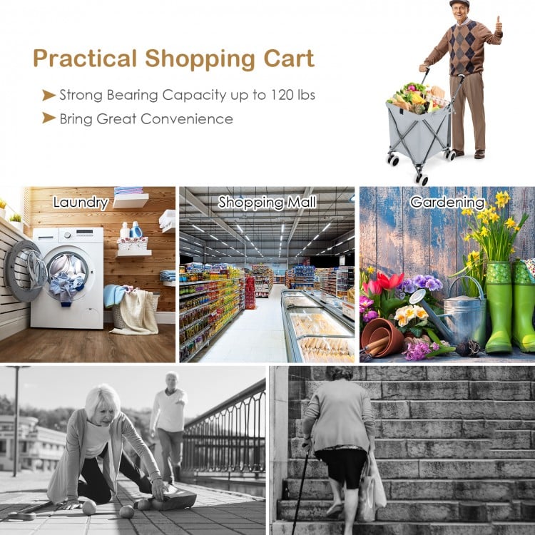 Folding Shopping Utility Cart with Water-Resistant Removable Canvas Bag