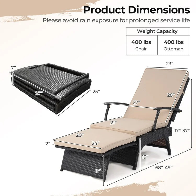 Folding Wicker Chaise Lounge with Slide-Out Ottoman & 11-Position Adjustable Backrest