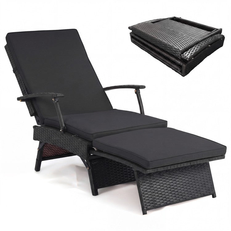 Folding Wicker Chaise Lounge with Slide-Out Ottoman & 11-Position Adjustable Backrest