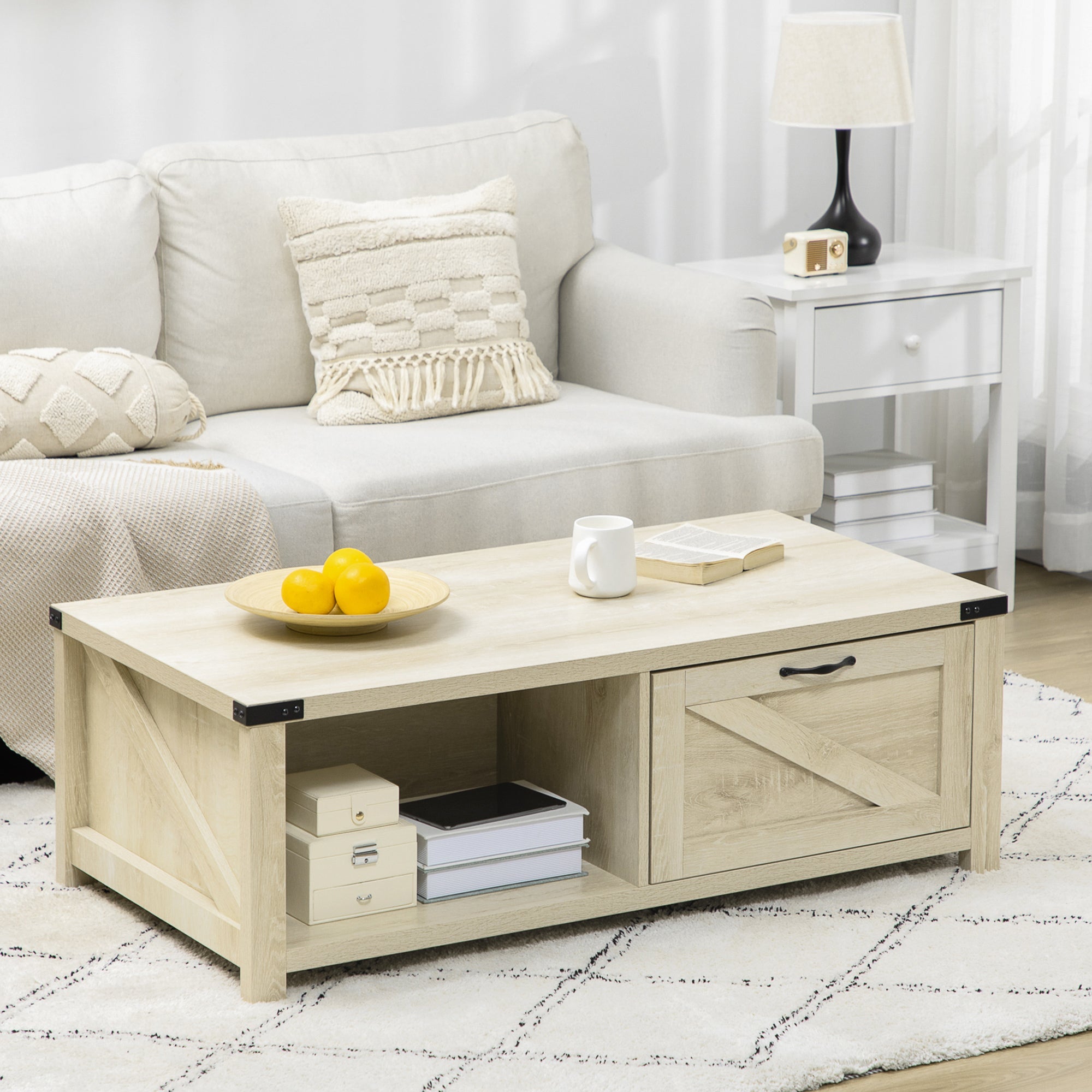 HOMCOM White Oak Farmhouse Coffee Table: Rustic Center Table with Drawer and Storage Shelf for Living Room