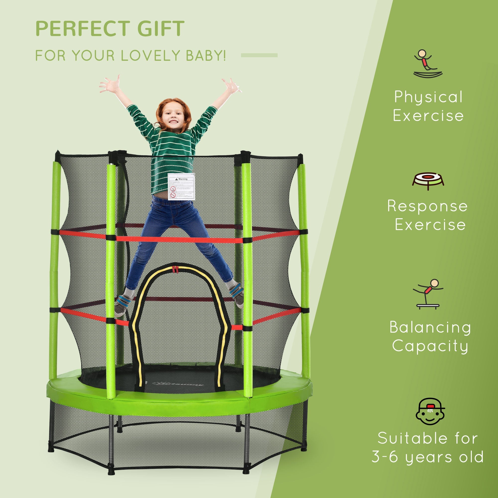 Outsunny Kids Trampoline: Φ55" Round, Safety Net, Indoor Bouncer, 3-6 Years, Steel Frame, Green