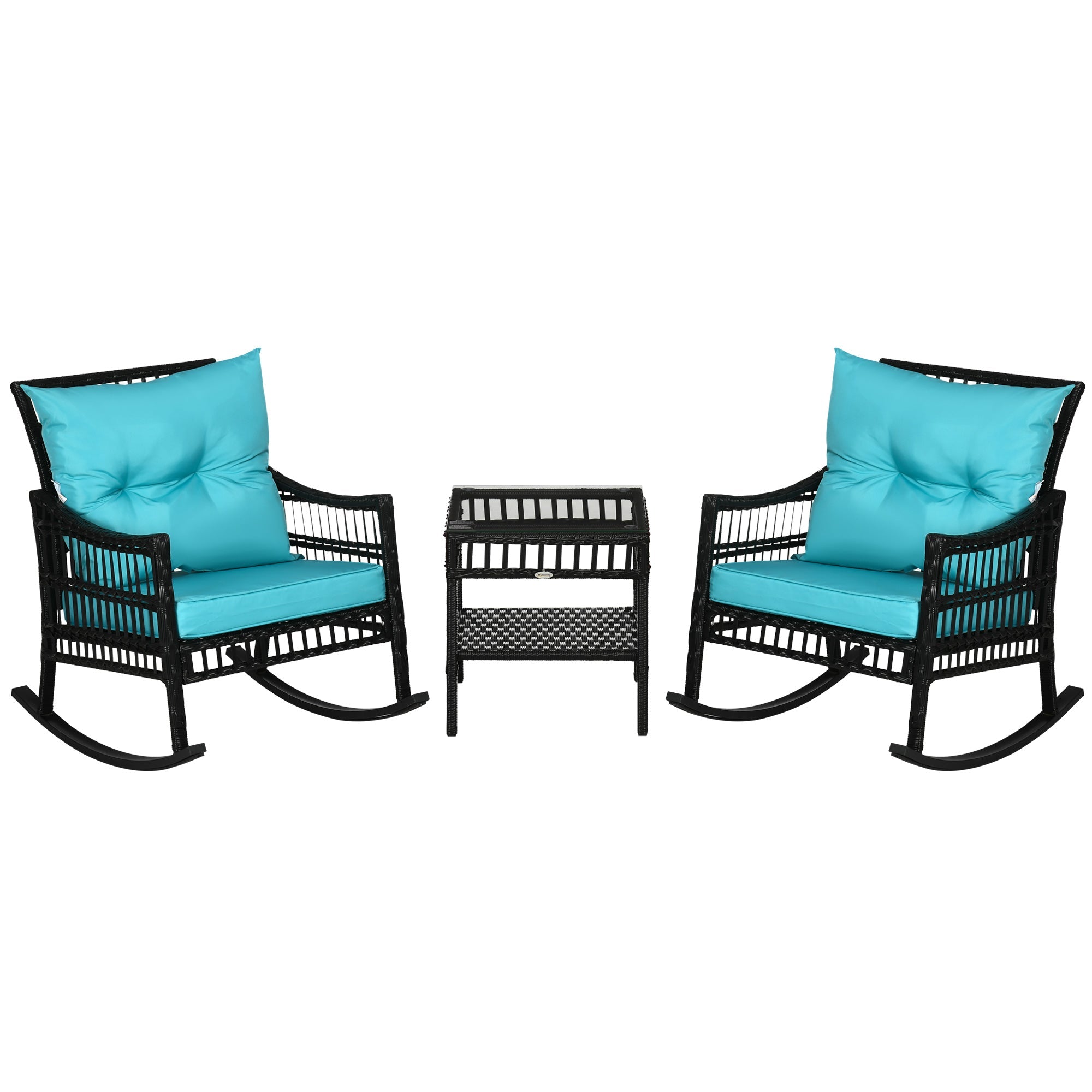 Outsunny 3 Pieces Outdoor PE Rattan Rocker Chair Set, Rocking Chair with Tempered Glass Table Top,25"x26"x28", Turquoise Green
