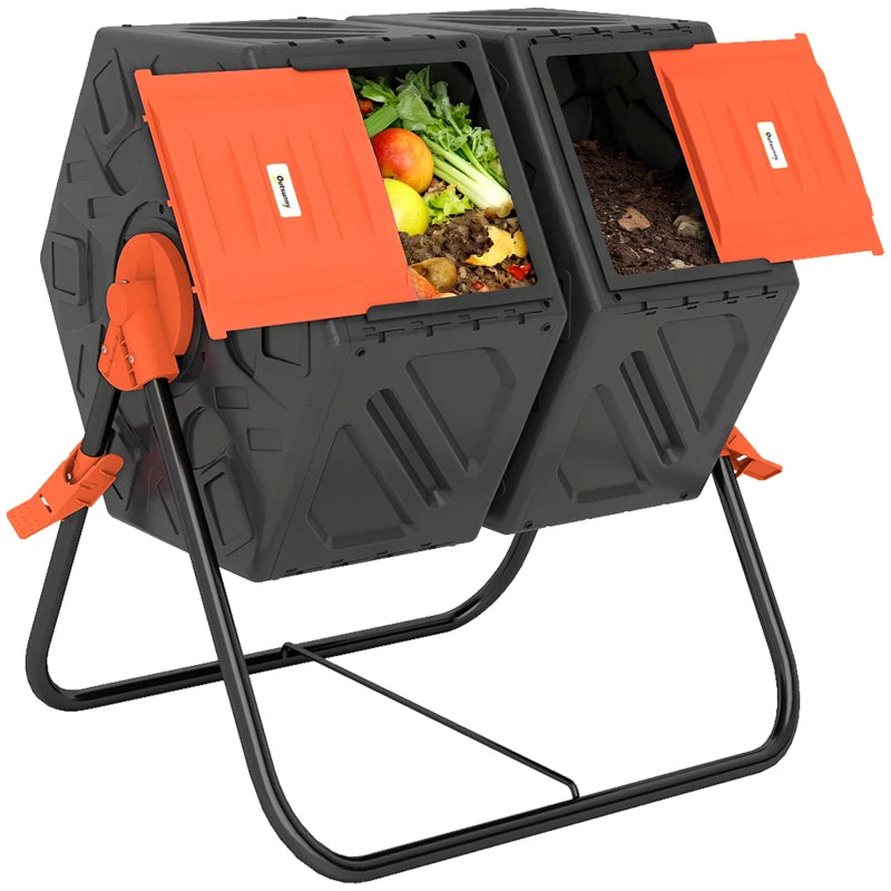 Rotating Composter, Dual Chamber Compost Bin with 24 Vents and Steel Legs, 34.5 Gallon, Orange