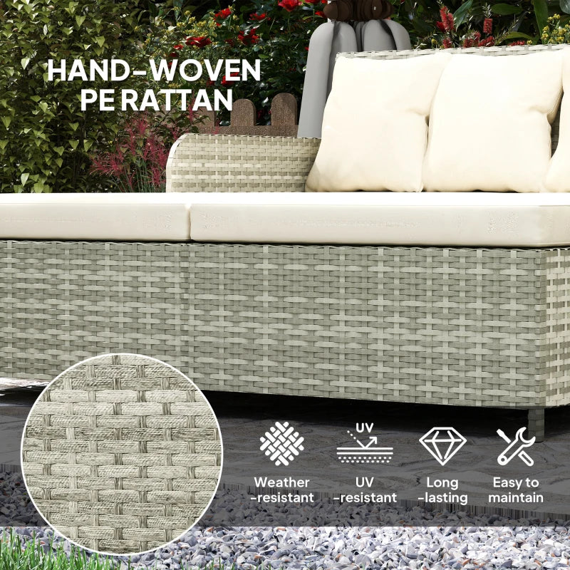 Rattan Outdoor Daybed, Sunbed Loveseat with Soft Cushions, 4 Pillows, Curved Backrest & Armrest, Beige