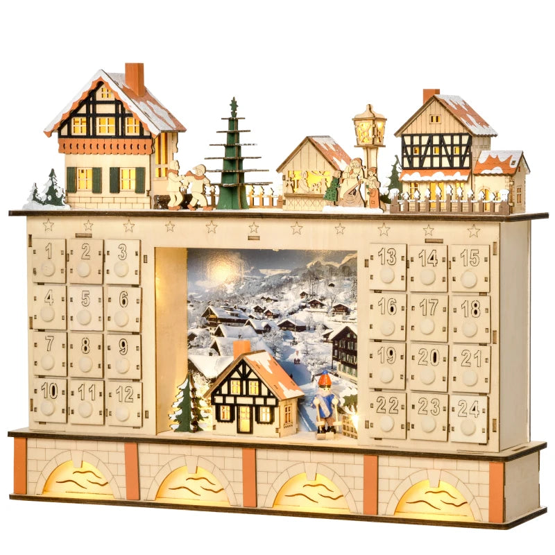 Christmas Advent Calendar, Light Up Table Xmas Wooden Store Holiday Decoration with Countdown Drawer, Village, for Kids and Adults, Natural