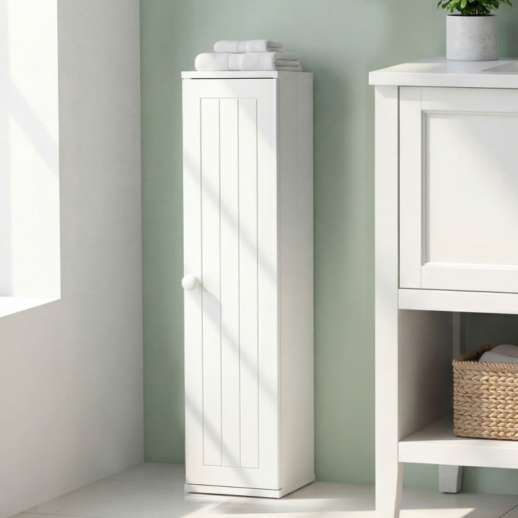 Free Standing Toilet Paper Holder with 4 Shelves and Top Slot for Bathroom-White