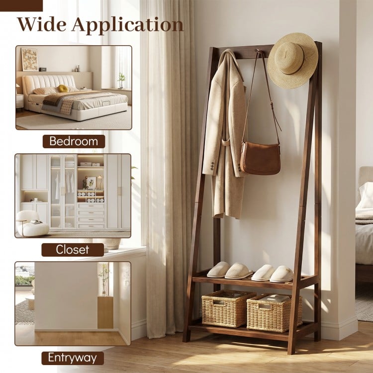 Freestanding Clothes Rack with 3 Hooks and 2 Shelves-Walnut