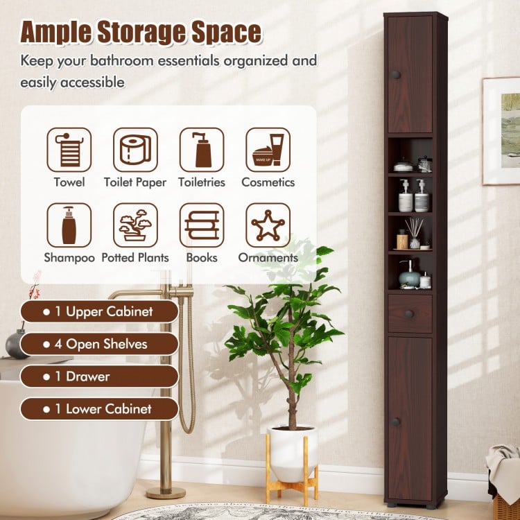 Freestanding Slim Bathroom Cabinet with Drawer and Adjustable Shelves-Brown