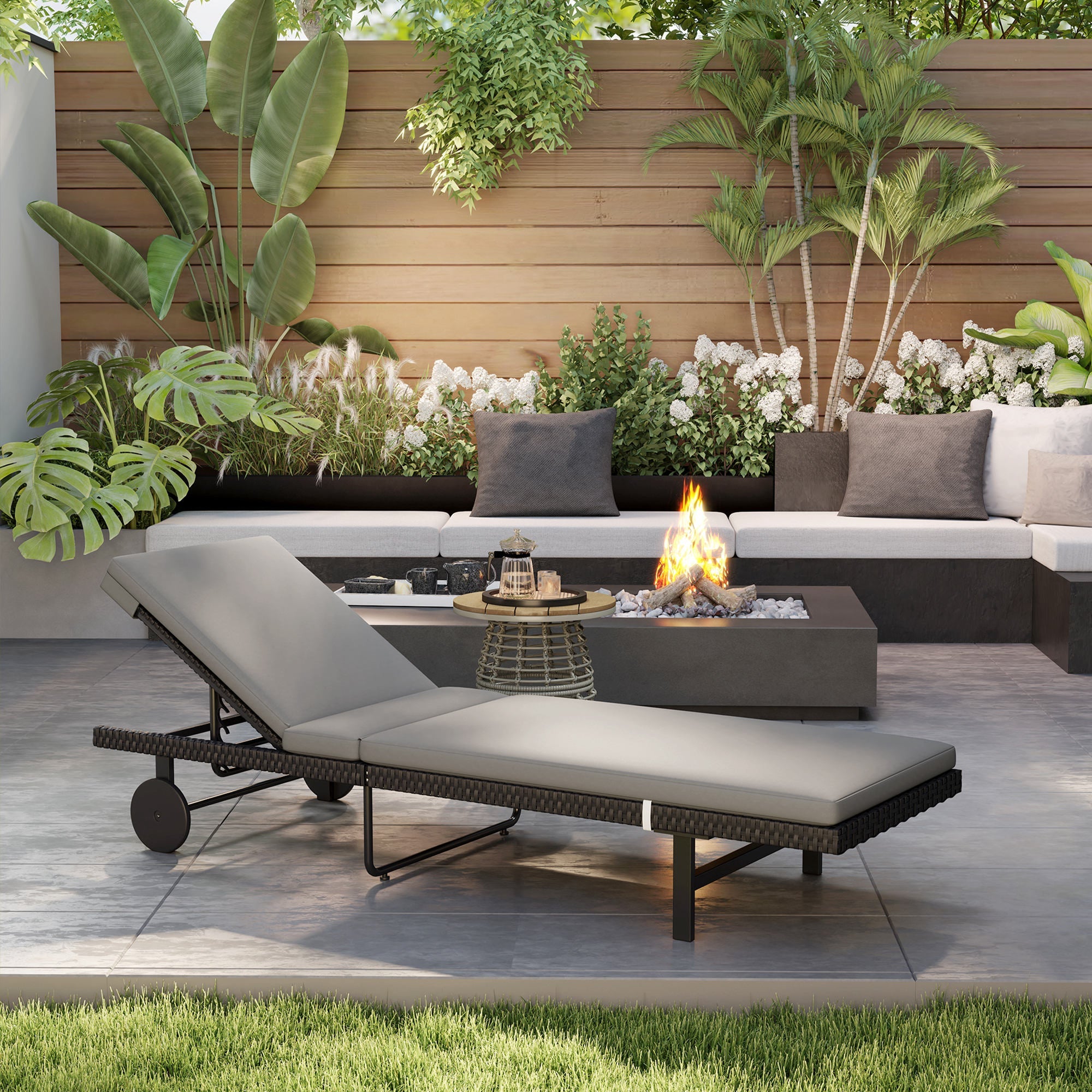 Outsunny PE Rattan Tanning Chair, Outdoor Patio Lounger with 5-Level Adjustable Back, Wheels and Cushion, Grey