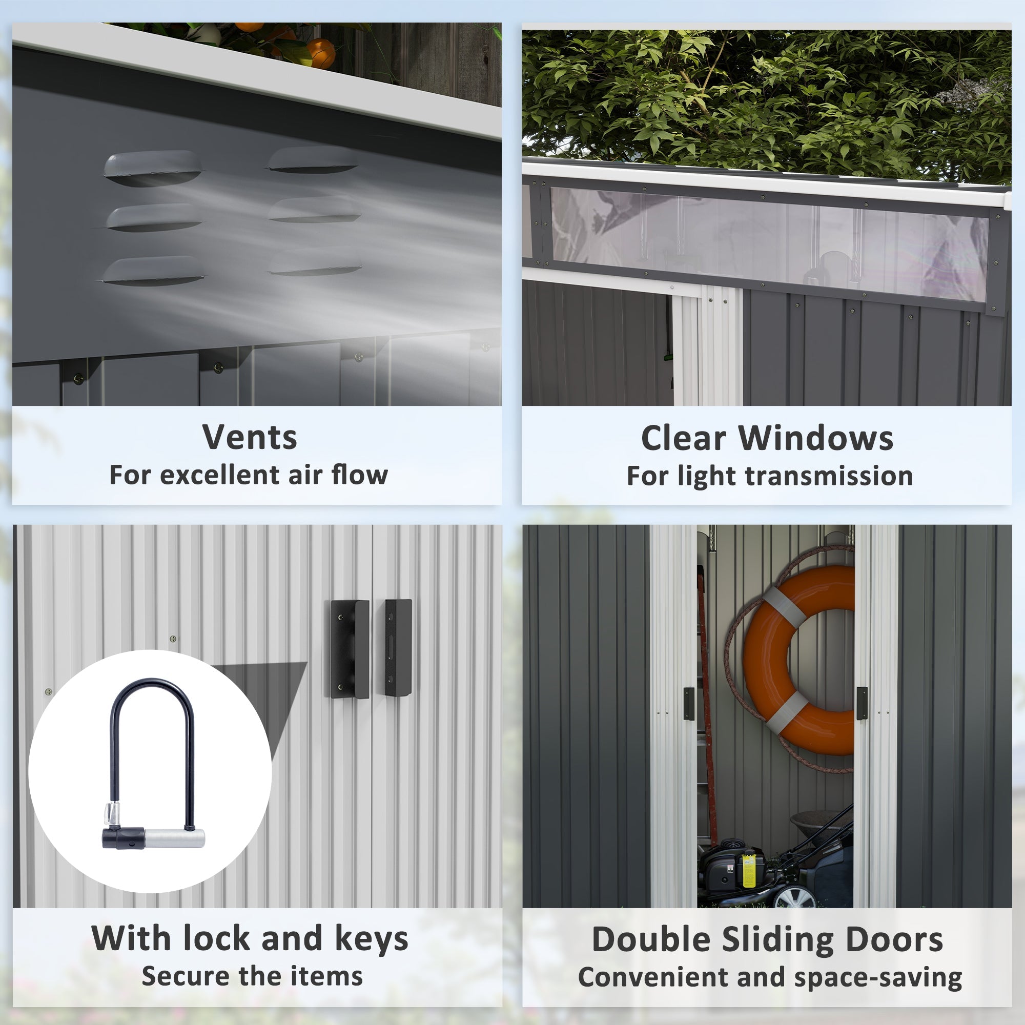 Outsunny 6.5x4FT Metal Shed - Galvanized, Lockable Storage with Sliding Doors & Vents in Grey, Ideal for Garden Tools