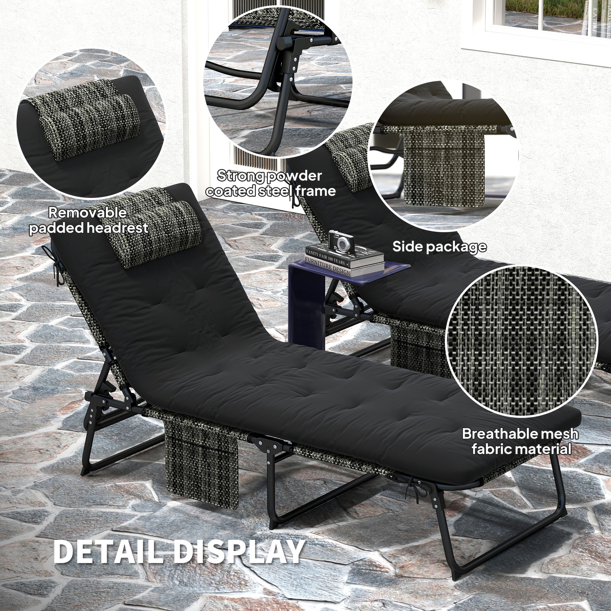 Outsunny 2-Piece Folding Lounge Chairs with Adjustable Backrest, Tanning Chair with Cushion, Side Pocket, Headrest, Black