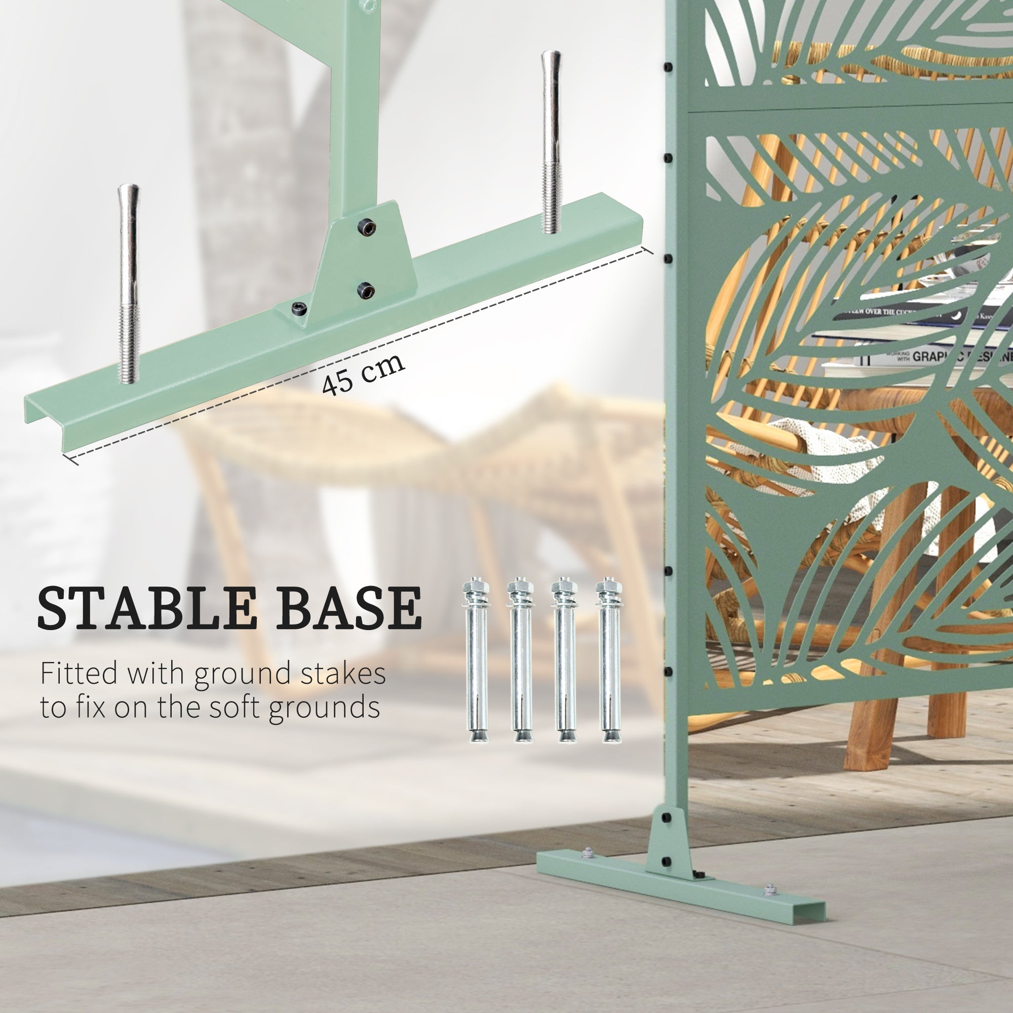 Outsunny 6.5FT Decorative Outdoor Divider, Metal Privacy Screen with Stand, Leaf Style, Light Green