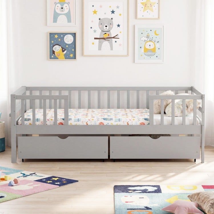 Full Size Daybed with Fence and 2 Drawers for Boys and Girls-Gray