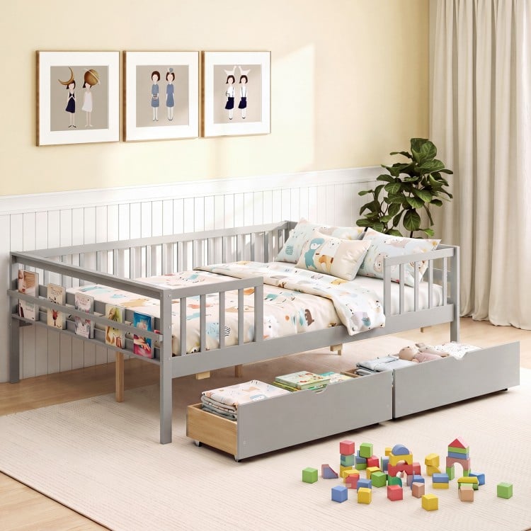Full Size Daybed with Fence and 2 Drawers for Boys and Girls-Gray
