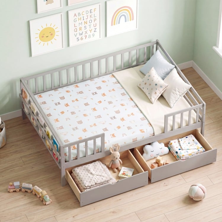 Full Size Daybed with Fence and 2 Drawers for Boys and Girls-Gray
