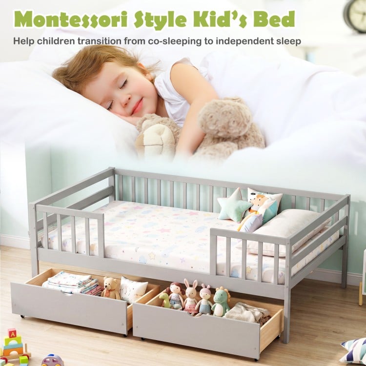 Full Size Daybed with Fence and 2 Drawers for Boys and Girls-Gray