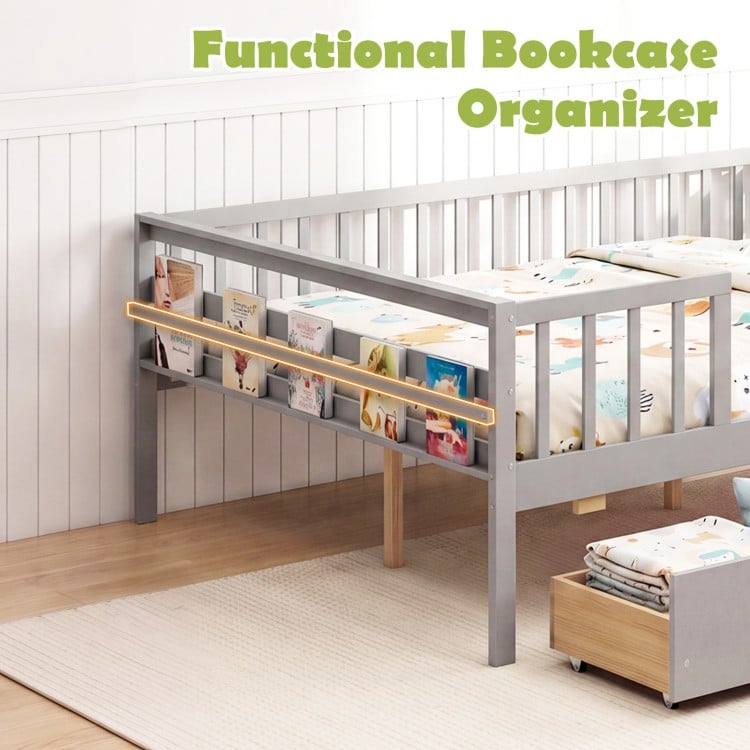 Full Size Daybed with Fence and 2 Drawers for Boys and Girls-Gray