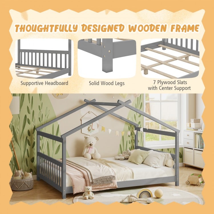 Full Size House Bed Montessori Floor Bed with Headboard-Gray