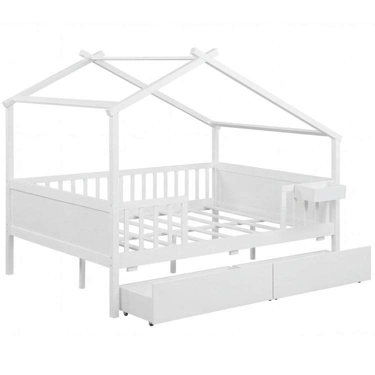 Full Size House Bed with Roof and Fence Rails for Kid-White