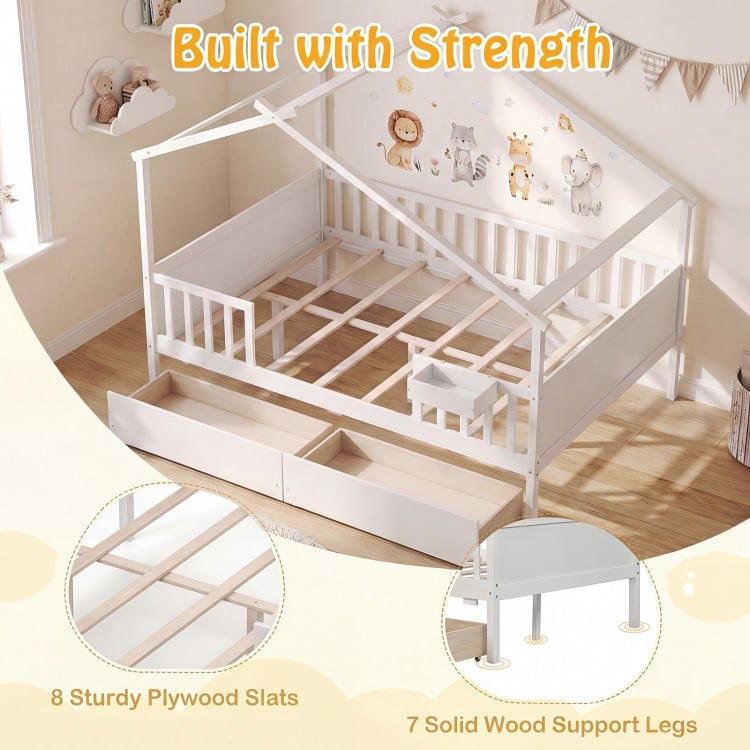 Full Size House Bed with Roof and Fence Rails for Kid-White