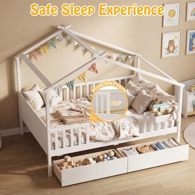 Full Size House Bed with Roof and Fence Rails for Kid-White