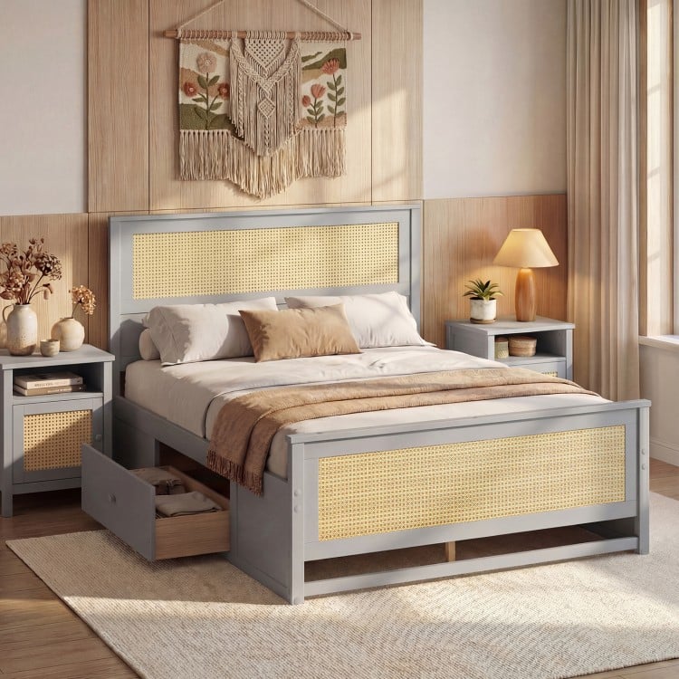 Full Size Rattan Bed Frame with Storage Drawers-Gray