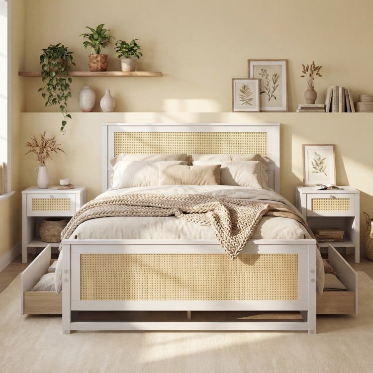Full Size Rattan Bed Frame with Storage Drawers-White