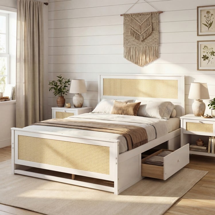 Full Size Rattan Bed Frame with Storage Drawers-White