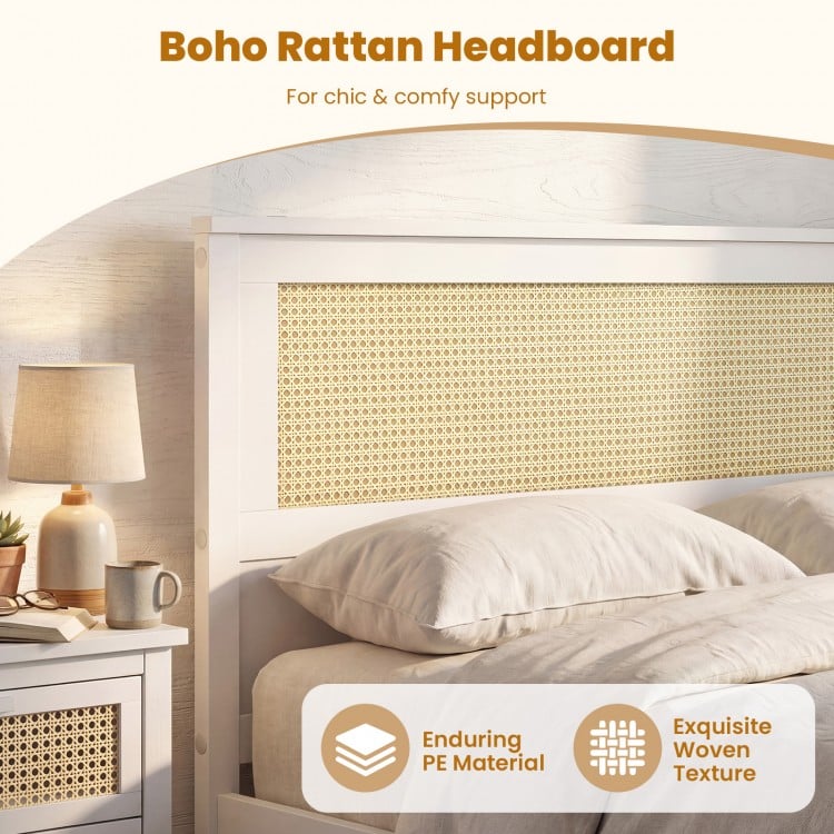 Full Size Rattan Bed Frame with Storage Drawers-White