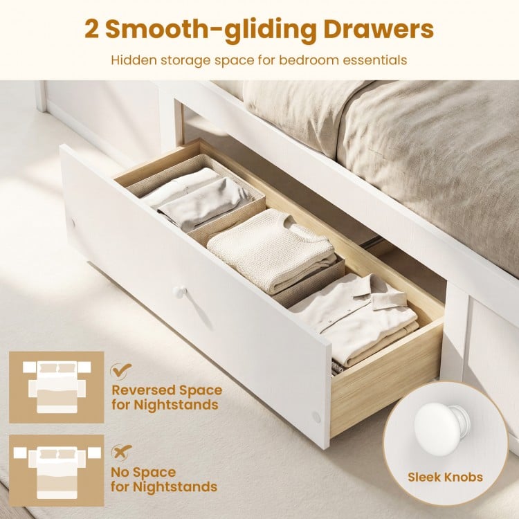 Full Size Rattan Bed Frame with Storage Drawers-White