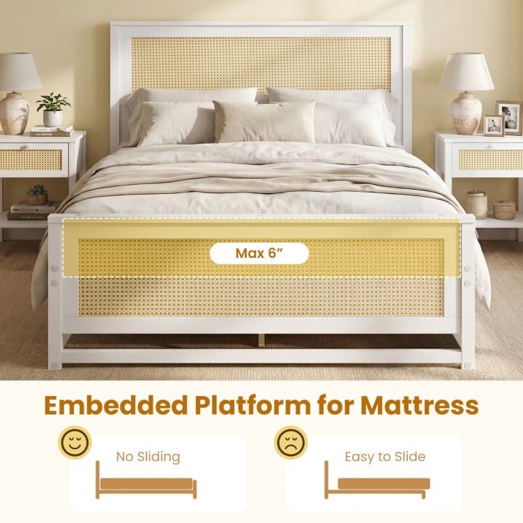 Full Size Rattan Bed Frame with Storage Drawers-White
