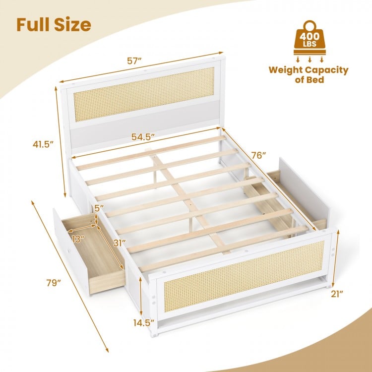 Full Size Rattan Bed Frame with Storage Drawers-White