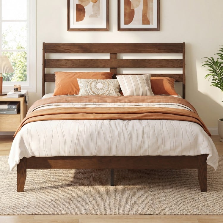 Full Size Wood Platform Bed Frame with Slat Headboard
