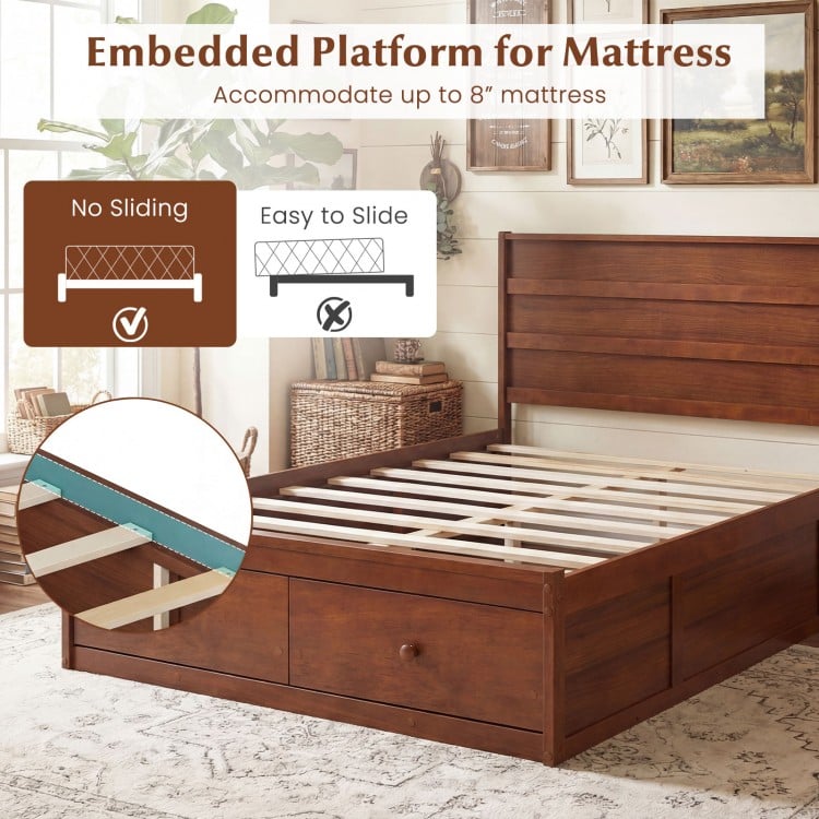 Full Size Wooden Platform Bed Frame with Storage Drawers-Walnut