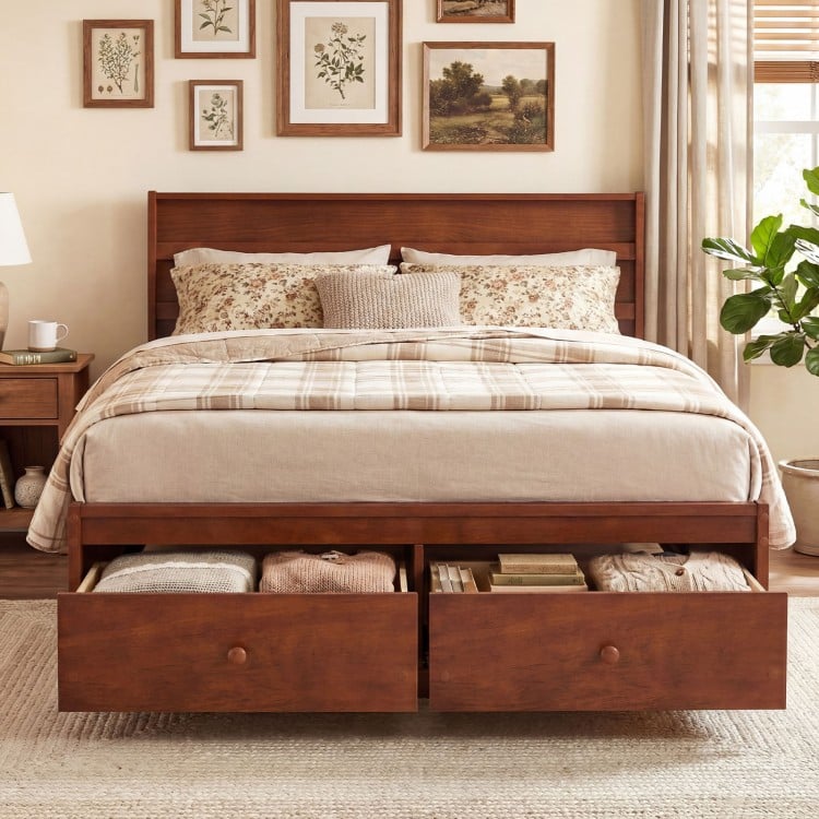 Full Size Wooden Platform Bed Frame with Storage Drawers-Walnut