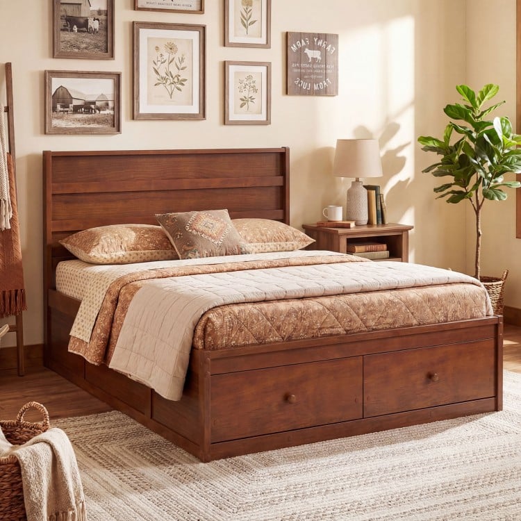 Full Size Wooden Platform Bed Frame with Storage Drawers-Walnut