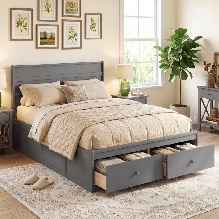 Full Size Wooden Platform Bed Frame with Storage Drawers-Gray